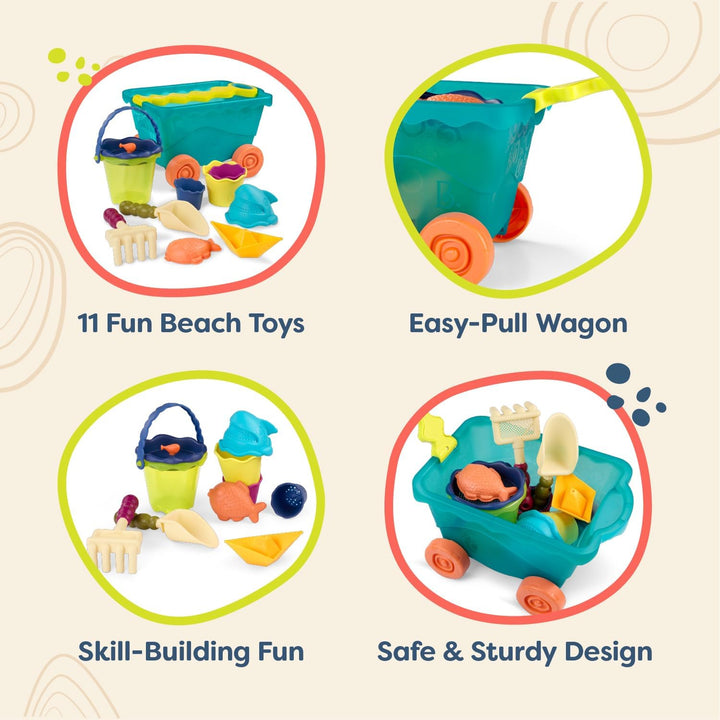 B. toys Sandspielzeug 11 Teile mit Bollerwagen – Sandkasten Spielzeug, Strand, Spielplatz mit Eimer,
