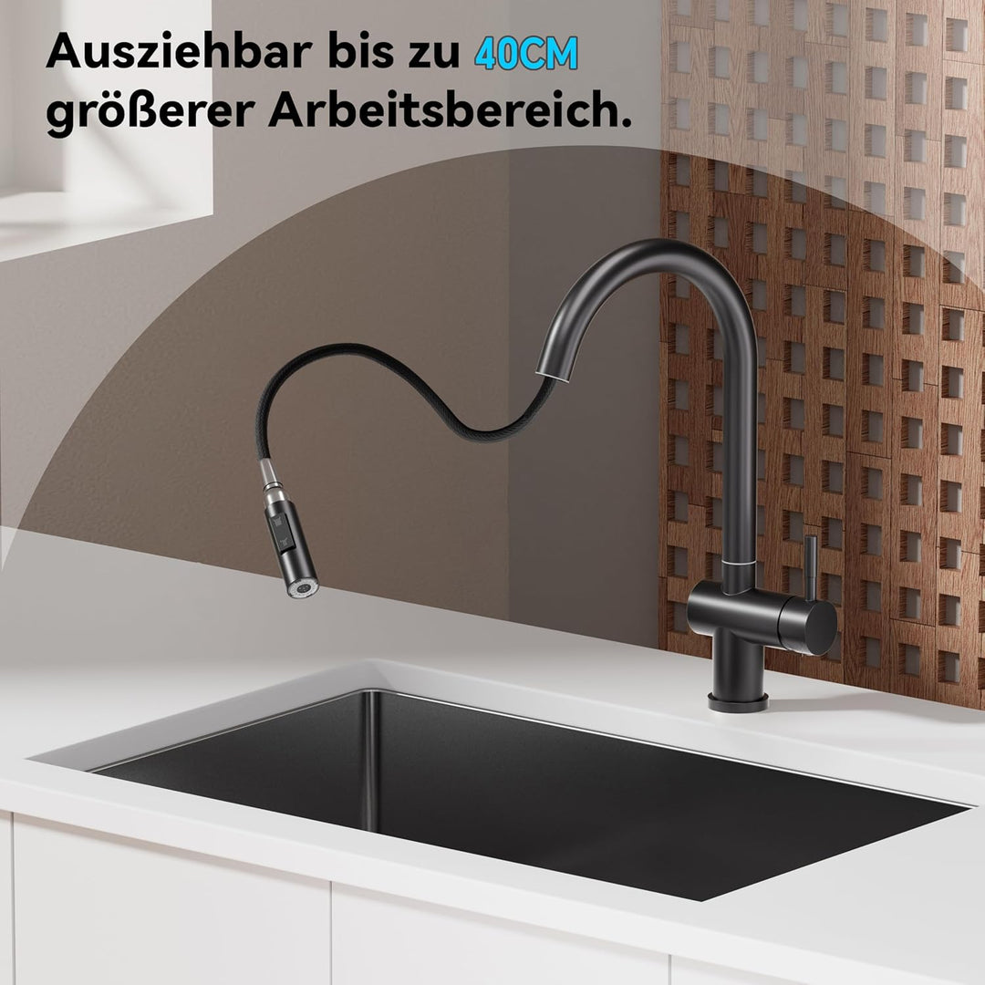 Wasserhahn Küche Schwarz, Hochdruck Küchenarmatur mit Brause Ausziehbar 2 Wasser Modi, 360° Drehbar