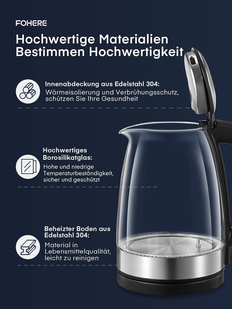 Wasserkocher mit Temperatureinstellung, FOHERE Wasserkocher Glas, Edelstahl Glas Wasserkocher Elektr