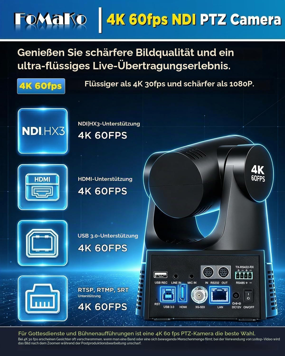 FoMaKo PTZ Kamera 4K 60FPS NDI HX3, 20x Optischer Zoom, Gen 3 KI Auto-Tracking, 3G-SDI/HDMI/NDI/USB/