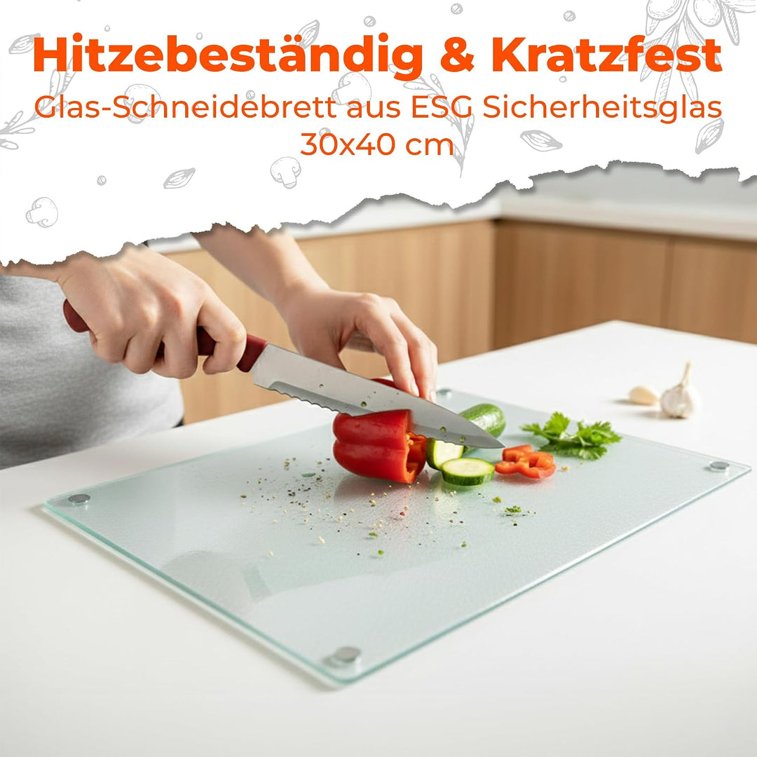 Glas Schneidebrett | 30 x 40 cm | Schneidebrett Glas für die Küche | Hygienisches Schneidebrett aus