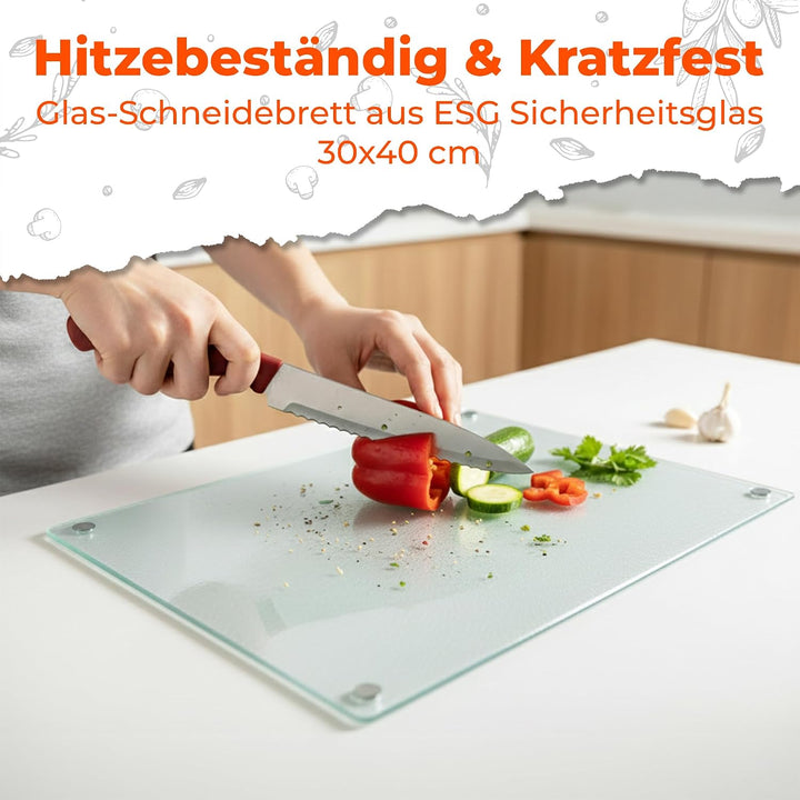 Glas Schneidebrett | 30 x 40 cm | Schneidebrett Glas für die Küche | Hygienisches Schneidebrett aus