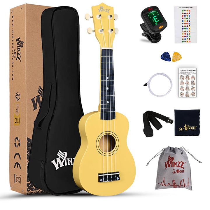 Winzz Sopran Ukulele Starter Kit für Anfänger mit Tasche, Clip-On Tuner, Zusätzlichen Saiten, Gurt,