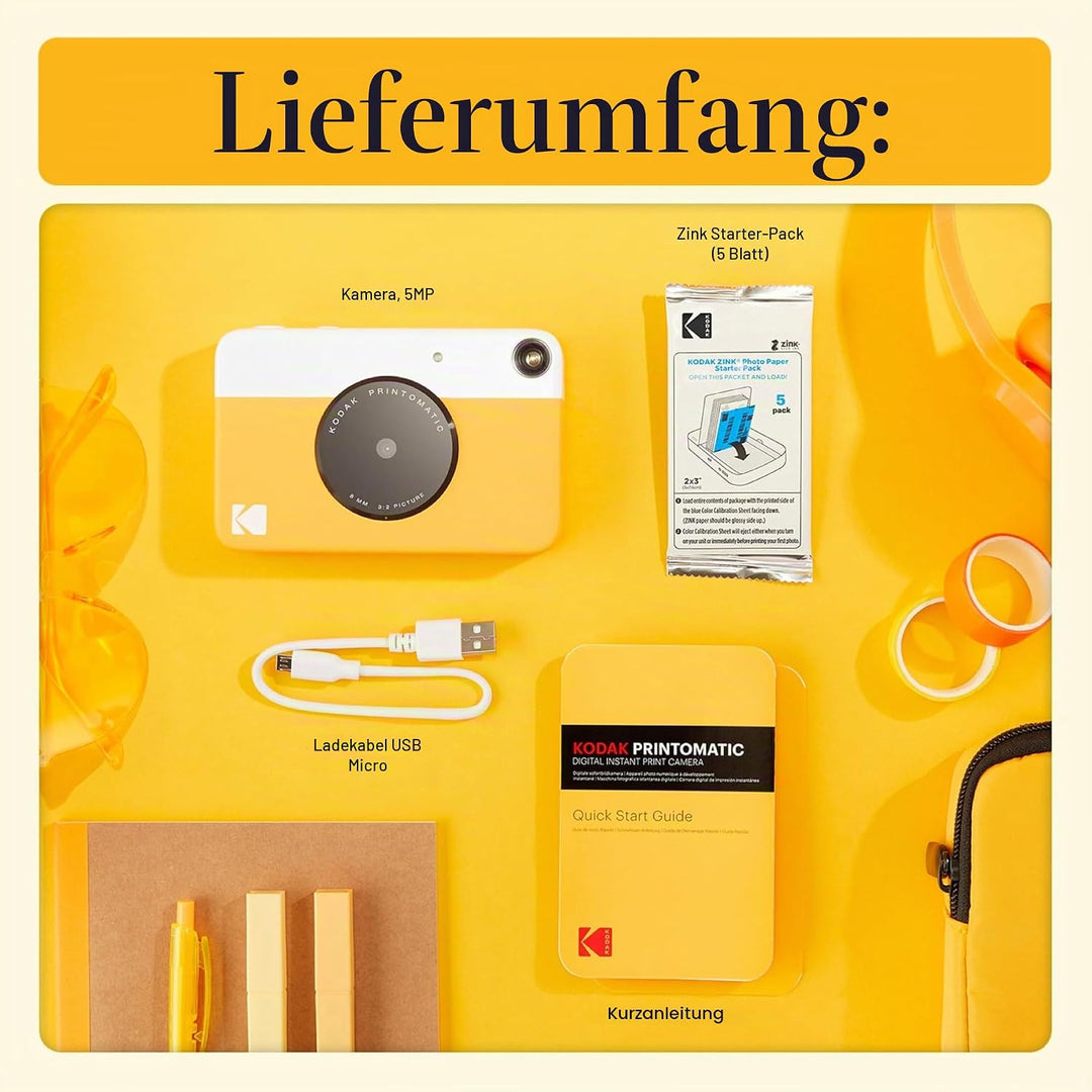 Kodak Printomatic Sofortbildkamera (Gelb) Basis-Paket + Zinkpapier (20 Blätter) Etui + Bequemer Hals