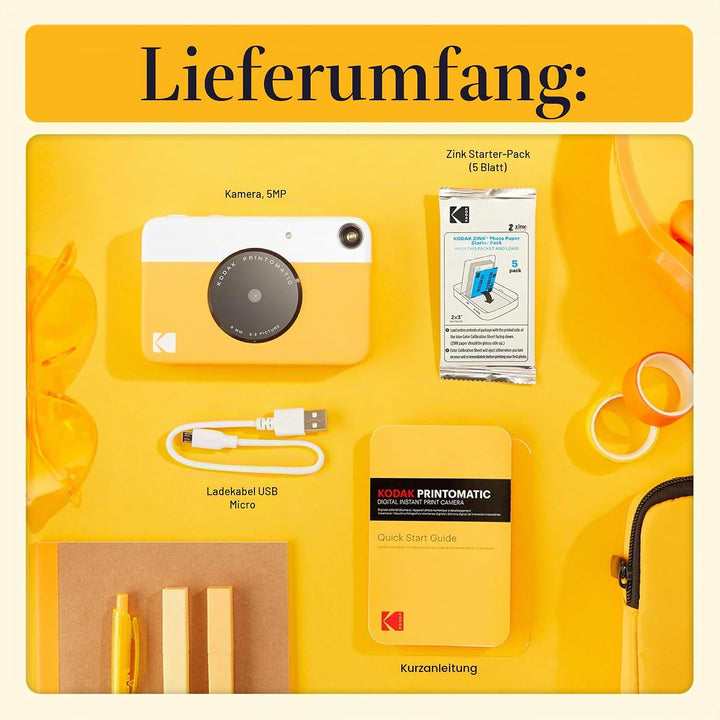 Kodak Printomatic Sofortbildkamera (Gelb) Basis-Paket + Zinkpapier (20 Blätter) Etui + Bequemer Hals