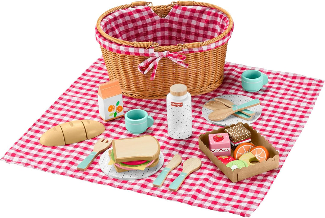 Fisher-Price Picknickkorb-Set aus Holz für Rollenspiele, 31 Holzteile für Kindergartenkinder ab DREI