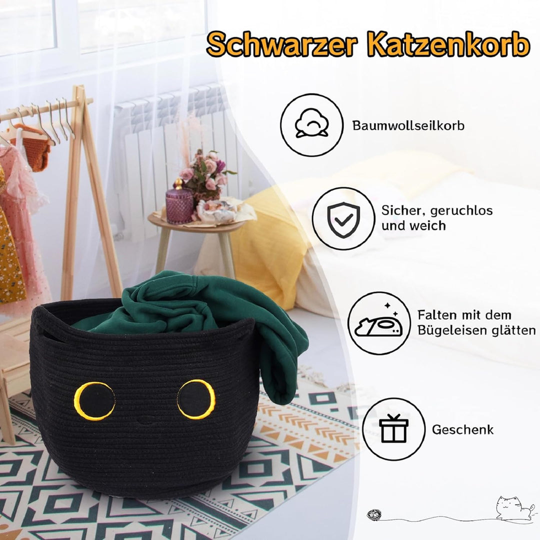 Grosser Korb aus Baumwollseil,Aufbewahrungskorb aus gewebter Baumwolle,Schwarze Katze Gewebter Aufbe