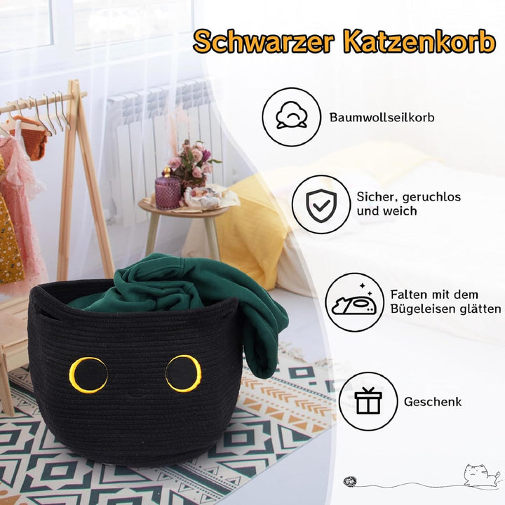 Grosser Korb aus Baumwollseil,Aufbewahrungskorb aus gewebter Baumwolle,Schwarze Katze Gewebter Aufbe