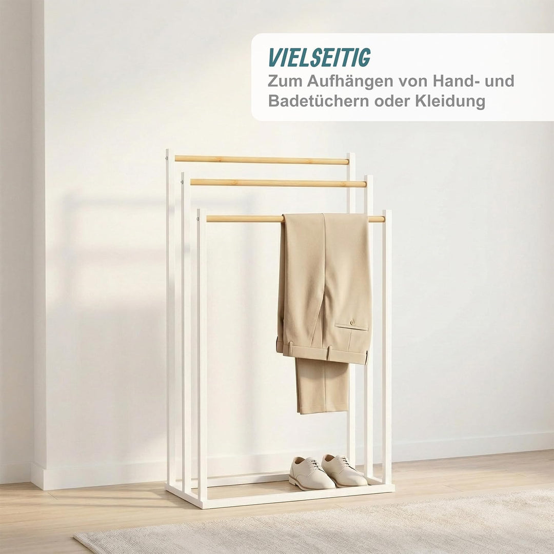 Relaxdays Handtuchständer, HBT: 76 x 45 x 21,5 cm, Metall, 3 Stangen aus Bambus, stehender Handtuchh