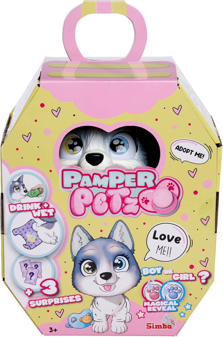 Simba 105950135 Pamper Petz Husky (ca. 15 cm) - Spielzeug-Hund mit Trink- und Nässfunktion für Kinde