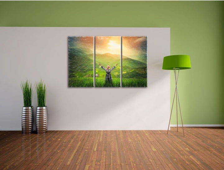 Pixxprint eine Berg Farm in Asien im Sonnenschein Kunst Buntstift Effekt 3-Teiler Leinwandbild 120x8