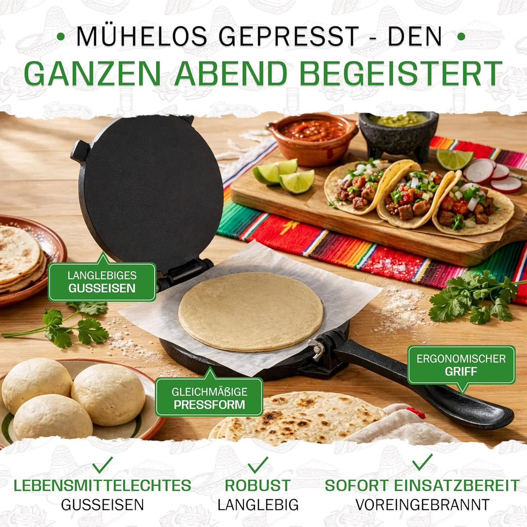 Tortillada - Premium Tortillapresse aus Gusseisen mit Rezepten (30 cm) 12 Inch