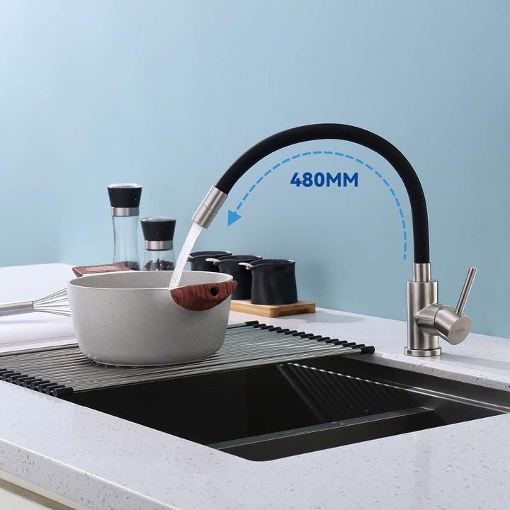 Flexibler Wasserhahn Küche Schwarz, Hochdruck Küchenamatur mit 2 Strahlarten, Armatur Küche 360° Dre