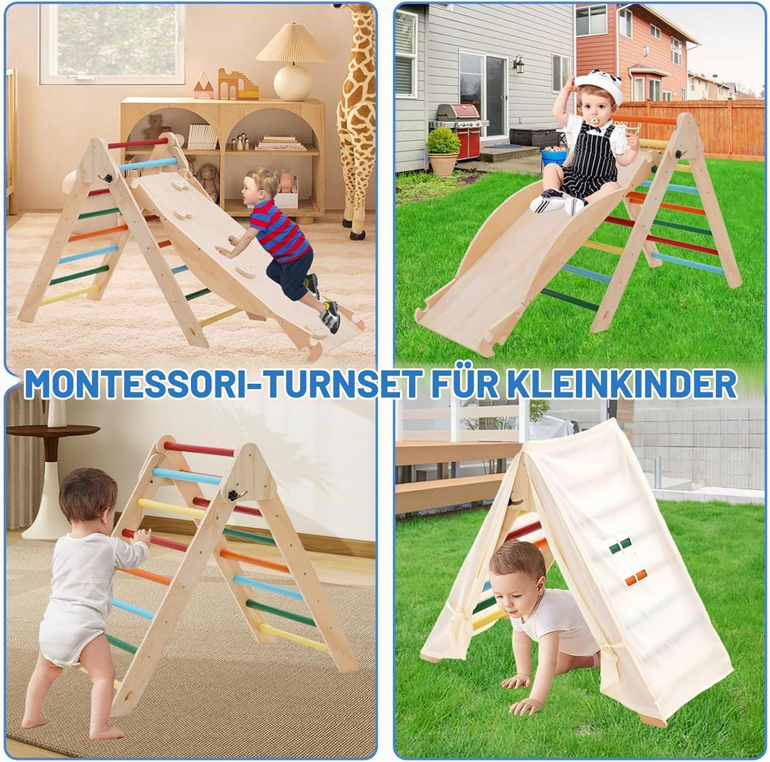 5-in-1 Montessori Kletterdreieck, Klettergerüst Indoor mit Rutsche, Kletterleiter und Zeltdach, Wipp