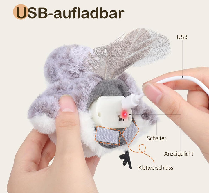 Migipaws Katzenspielzeug Flattervogel, lebensechtes Schnepfe-Zwitschern, berührungsaktiviertes Spiel
