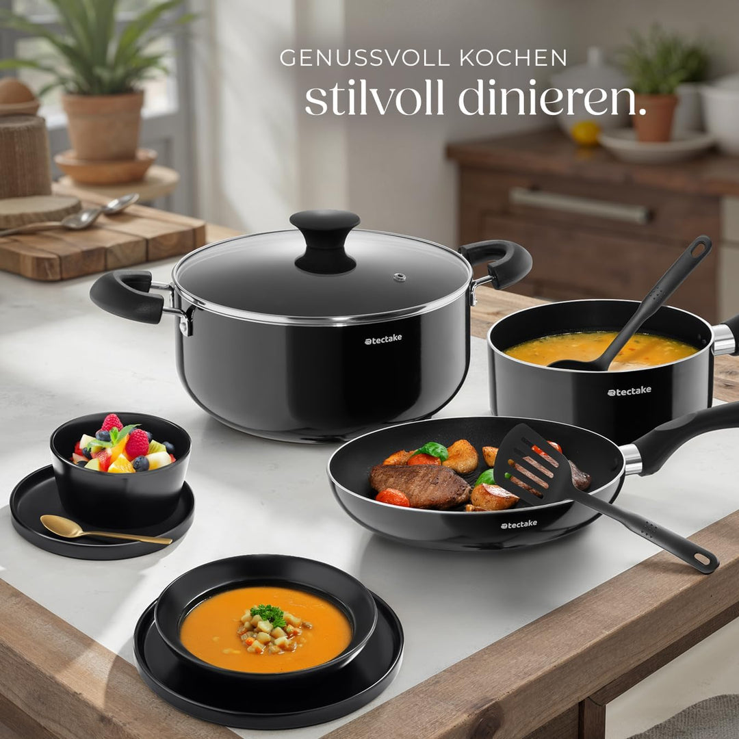 tectake® Küchenstarterset 6 Personen, Steingut Geschirr Set, Teller, 4 Töpfe 2 Pfannen rostfreies Al