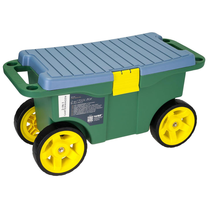 HMF 2-in-1 Gartenwagen mit Sitz und Stauraum, Gartenhocker mit grossen Rollen, Rollsitz für Gartenar