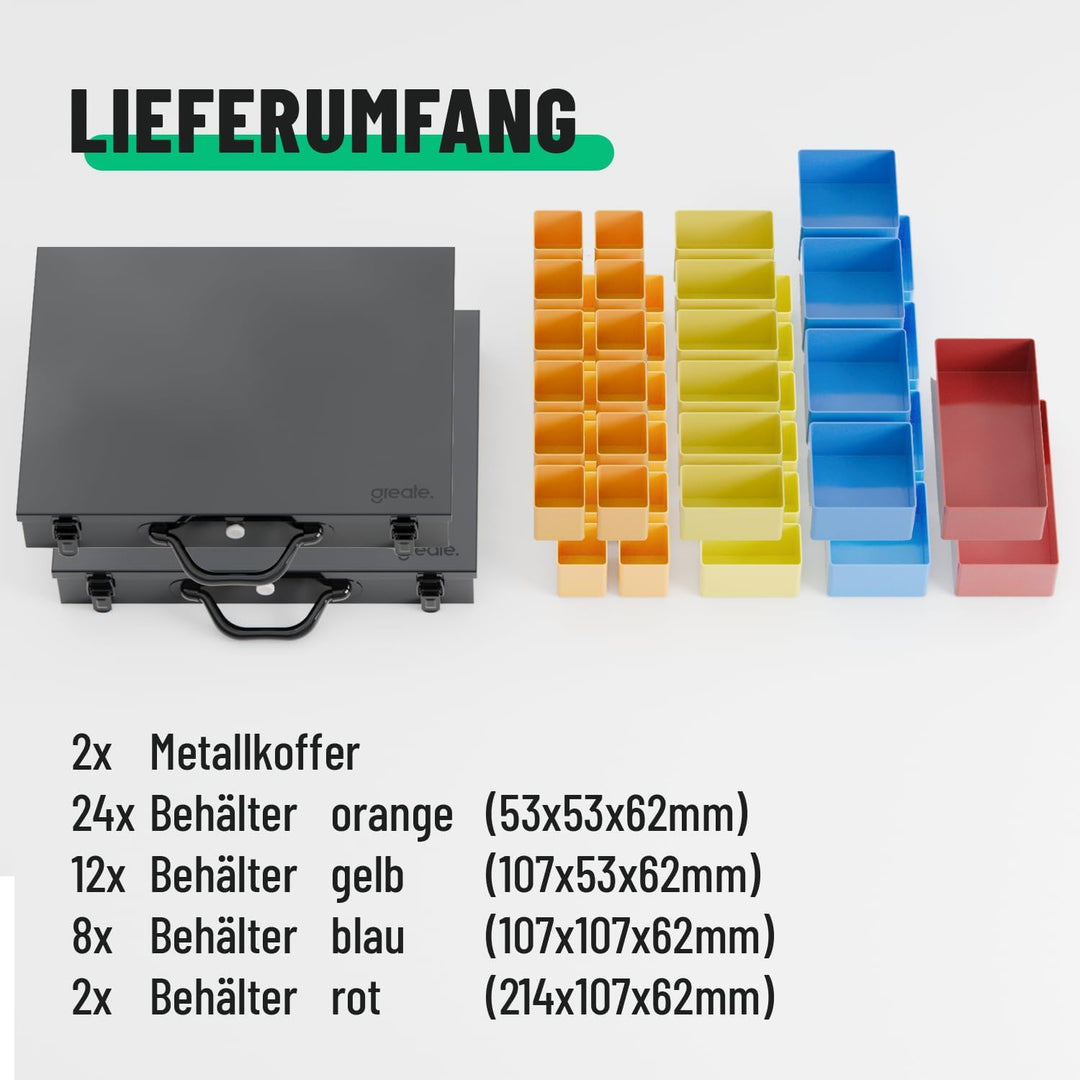 greate Sortimentskasten Metall mit 23 herausnehmbaren Behältern - Kleinteilekoffer leer - Sortiments