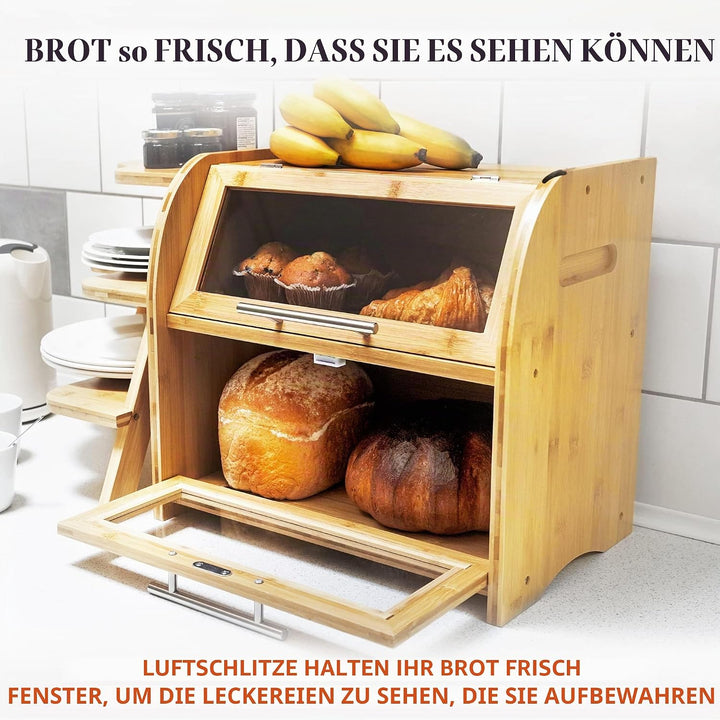 Arise Bambus Brotkasten mit Belüftung, Grosser Brotaufbewahrungsbehälter, 2 Regale und Sichtfenster,