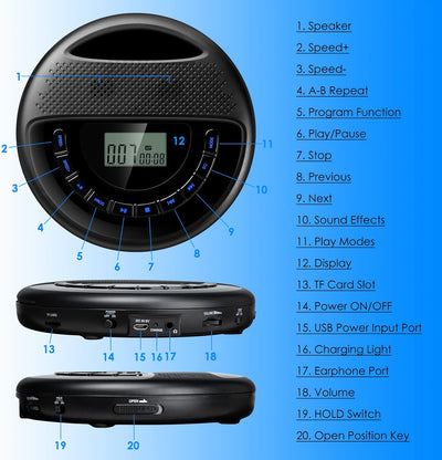 Gueray CD Player Tragbarer mit Lautsprecher Discman mit Integrierte 1400mAh-Akku Lithium-Batterie Un