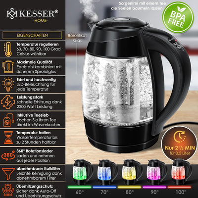 KESSER® Wasserkocher 1,8L Edelstahl mit LED Beleuchtung-Farbe je nach Temperaturwahl 60, 70, 80, 90,