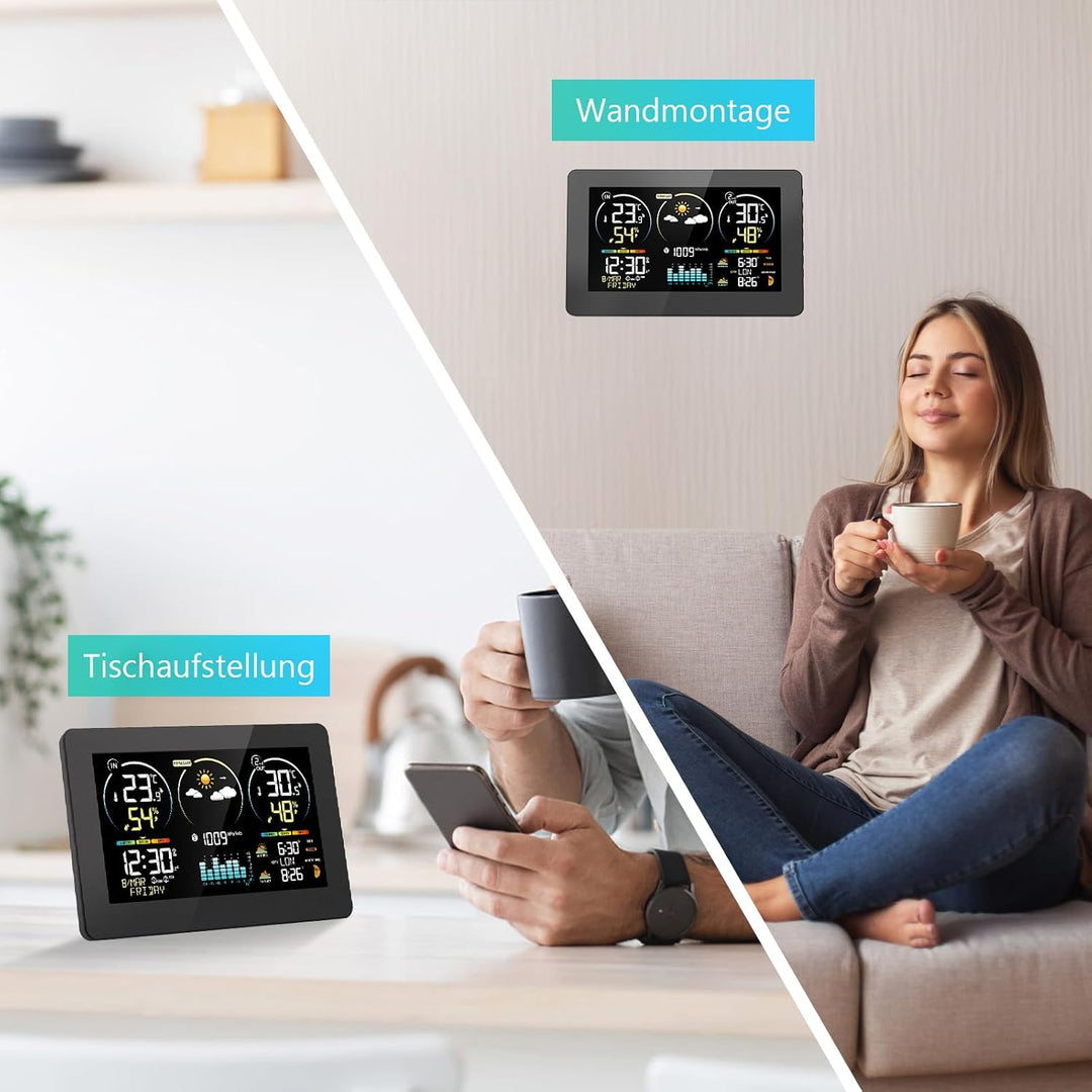 Wetterstation Funk mit Aussensensor, 7,8 Zoll Grosses Farbdisplay mit Beleuchtung & DCF Funkuhr, Wet
