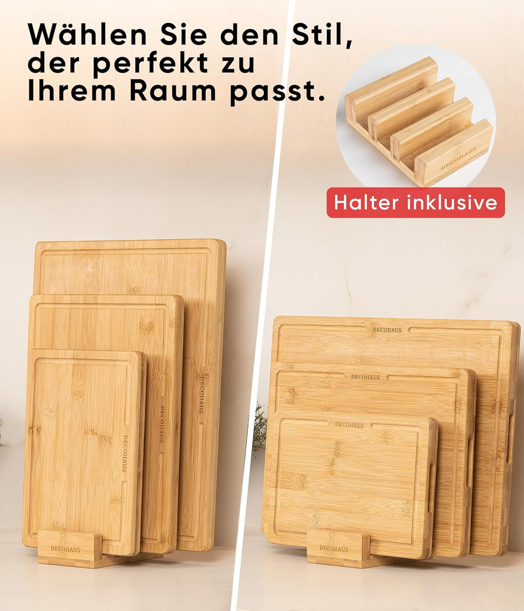 Deco haus Schneidebrett Holz 3er Set aus Robustem Bambus [2cm DICKE] - Schneidebretter mit Saftrille