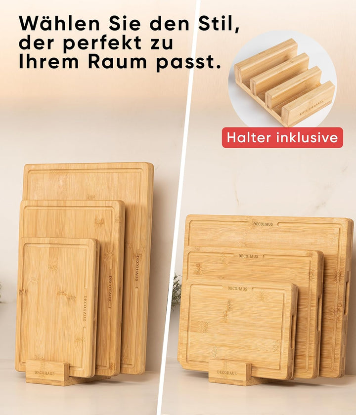 Deco haus Schneidebrett Holz 3er Set aus Robustem Bambus [2cm DICKE] - Schneidebretter mit Saftrille