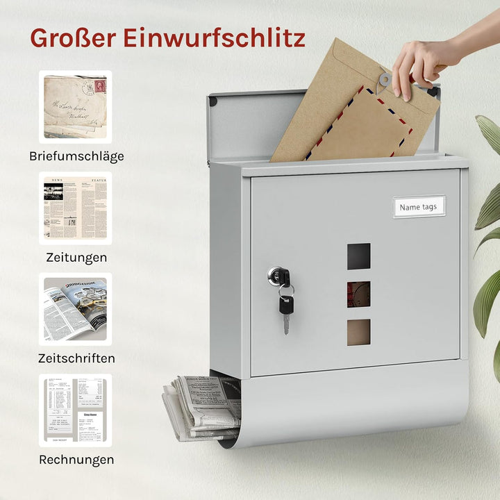 WOLTU Briefkasten Postkasten mit Zeitungsfach Sichtfenstern Namensschild, Wandbriefkasten abschliess