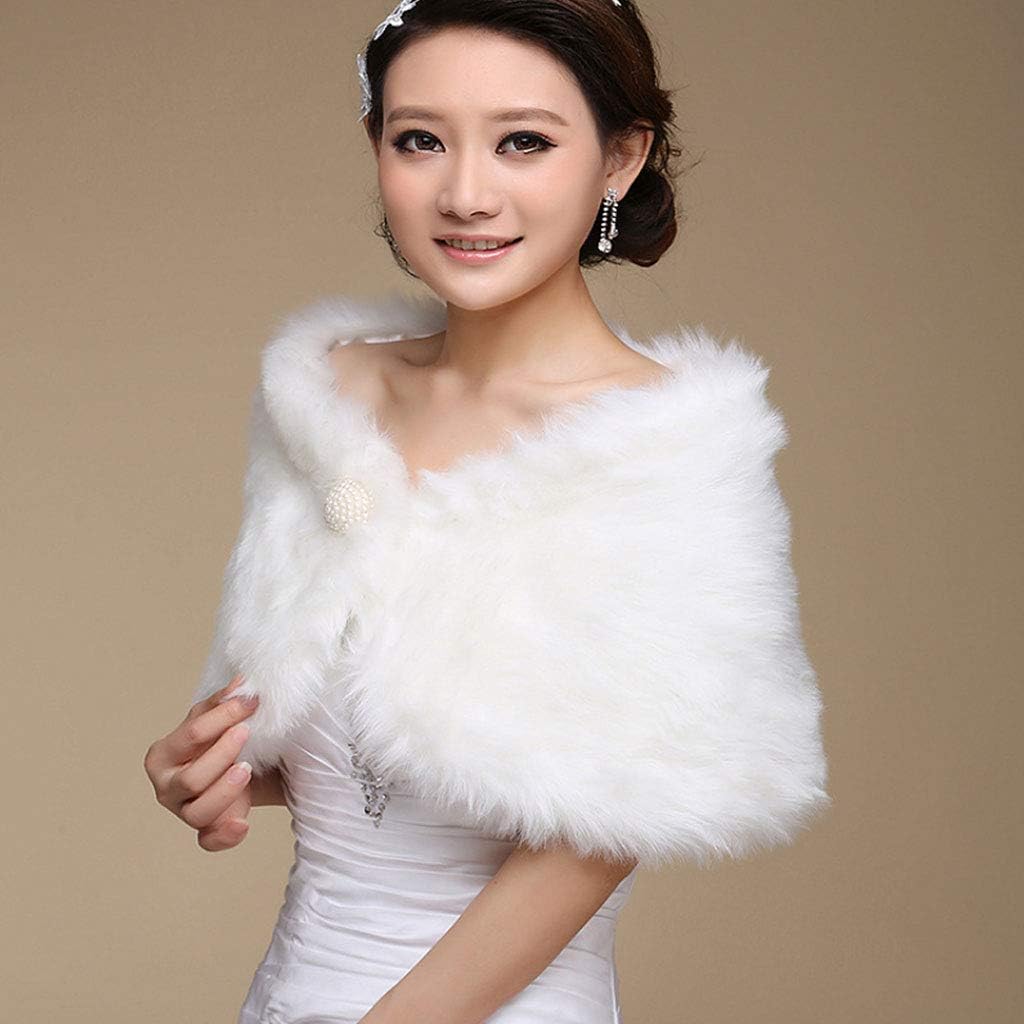 Womens White Kunstpelz Braut Wrap Stola Schal Cape Hochzeit Künstliche Perle Ball Verschönerung Wint