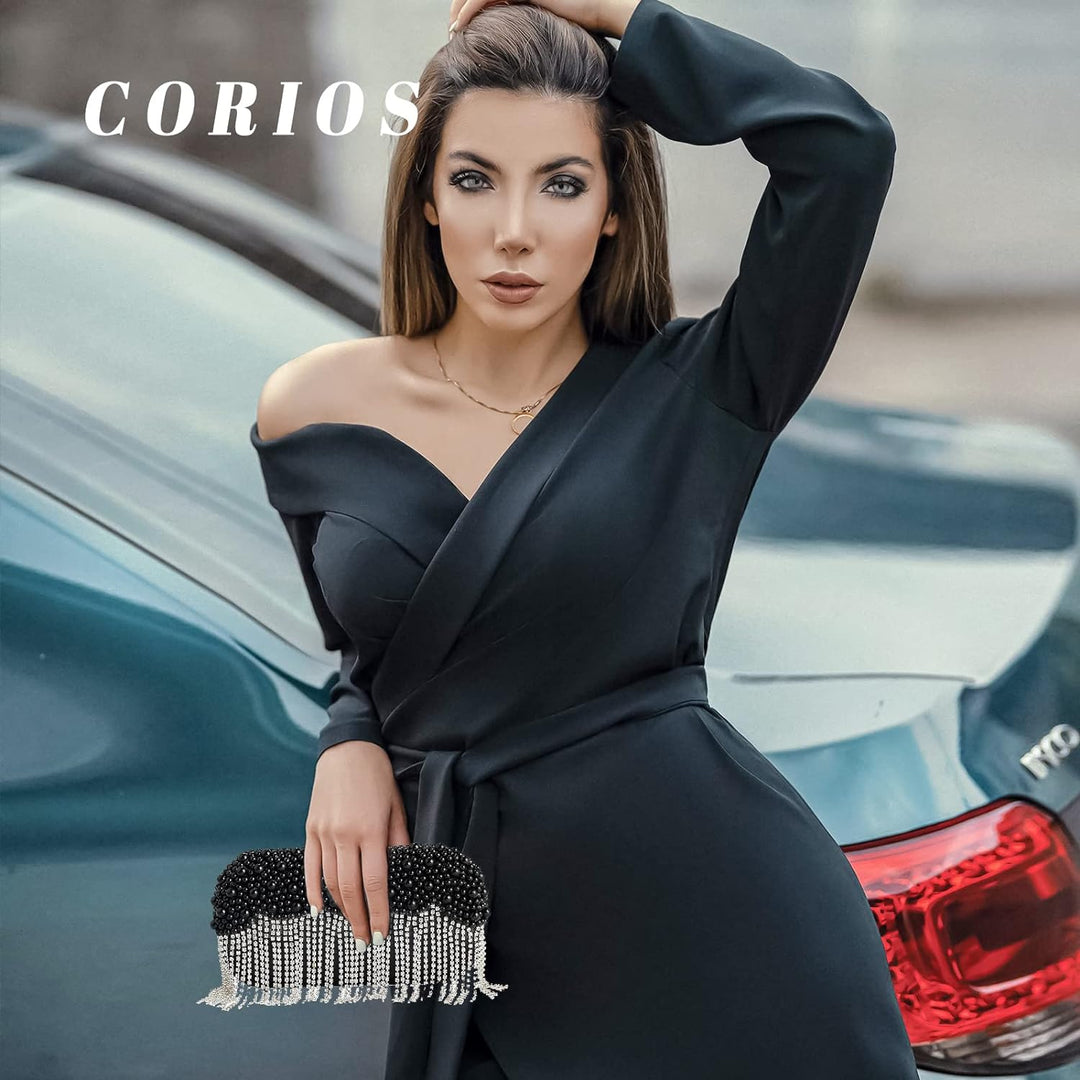 CORIOS Damen Clutch Perlen Strass Fransen Abendtasche Braut Handtasche Abnehmbarer Kette Umhängetasc