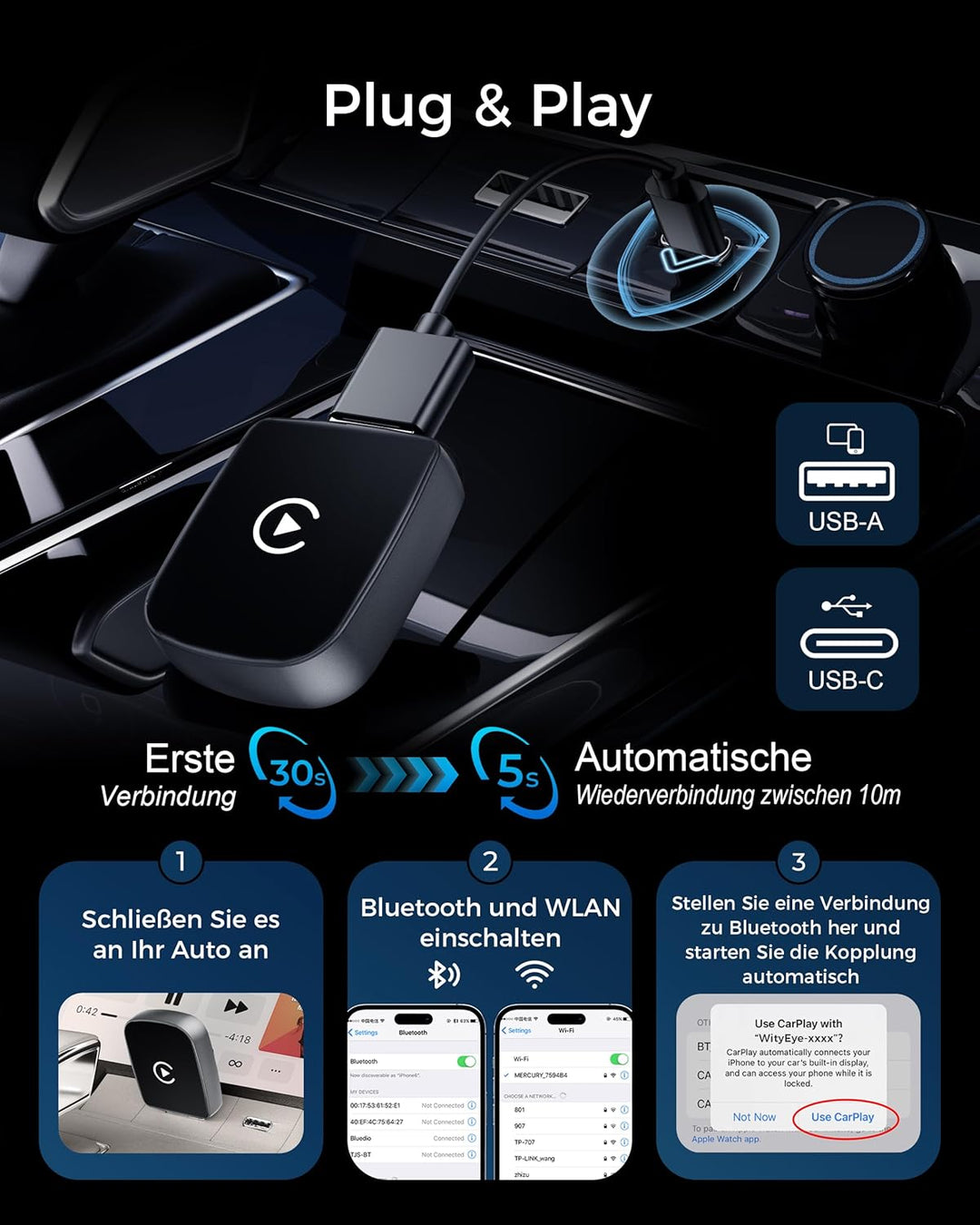 CarPlay und Android Auto Wireless Adapter 2 In 1, V5.3 Bluetooth Stabile Verbindung, Dualband WiFi 6
