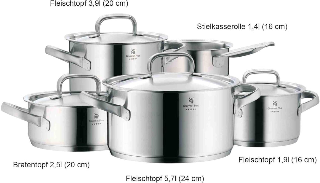 WMF Gourmet Plus Topfset Induktion 5-teilig, Kochtopf Set mit Metalldeckel, Cromargan Edelstahl matt