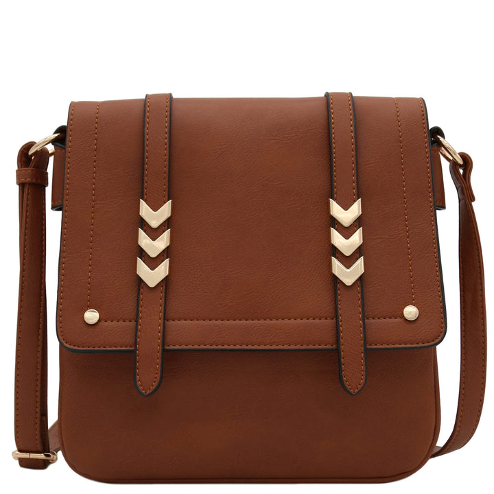 Double Compartment Large Flapover Crossbody Bag with Colorblock Straps Braun, Braun