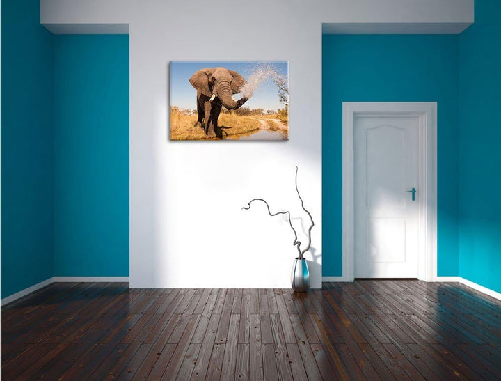 Pixxprint schöner Elefant spritzt mit Wasser als Leinwandbild/Grösse: 120x80 cm/Wandbild/Kunstdruck/