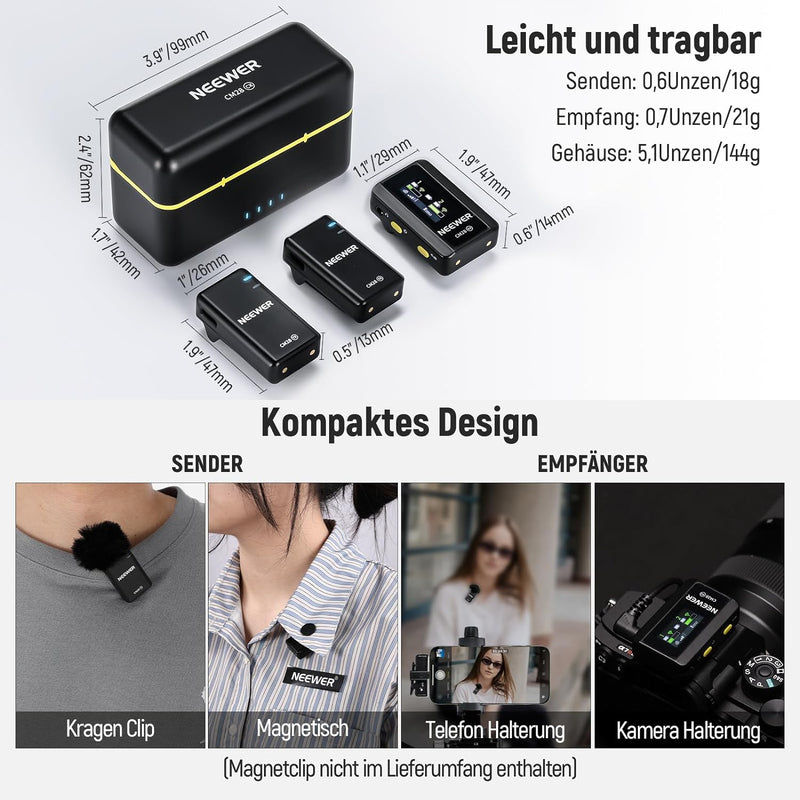 NEEWER CM28 Kabelloses Lavalier Mikrofonsystem mit Ladeetui, Geräuschunterdrückung, 4GB Speicher für