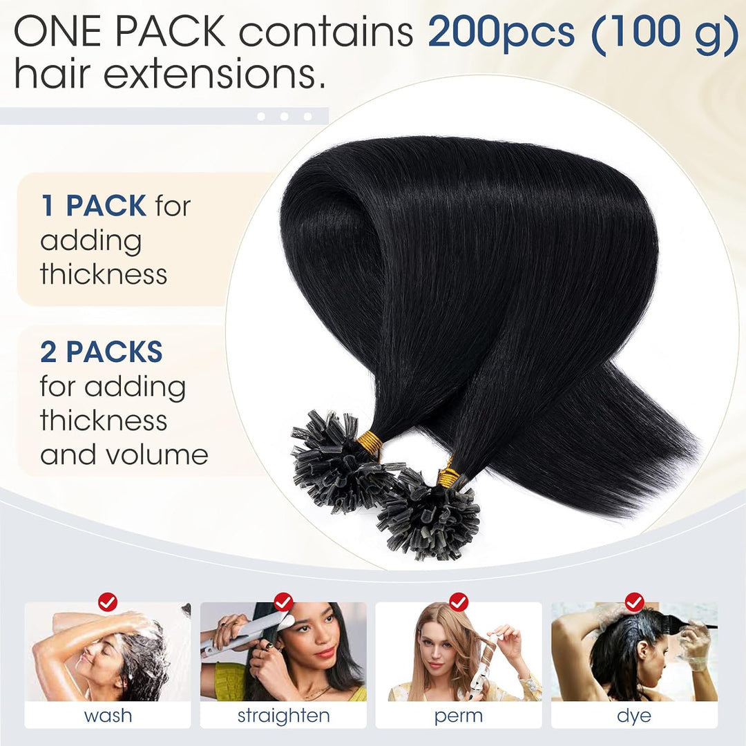 Elailite U-Tip Echthaar Bonding Extensions Keratin Haarverlängerung Haar Glatt 20''(50 cm) #1 Schwar