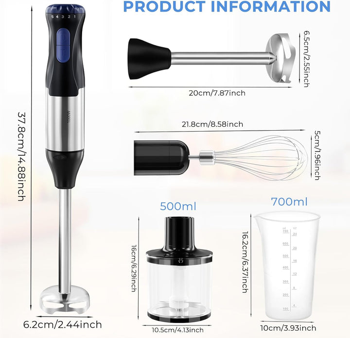 4-in-1 Stabmixer Edelstahl, 1000W Pürierstab mit 5 Geschwindigkeiten und Turbo-Modi, Schneebesen, 50