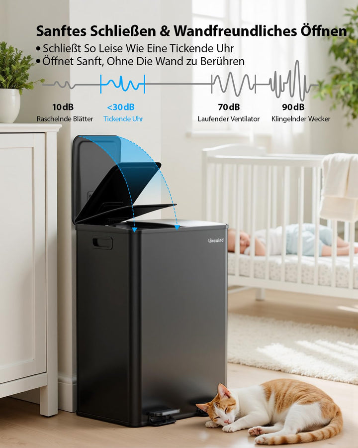 lovewind Mülleimer, 2 x 30L Mülleimer Küche, Doppeleimer für Recycling und Abfall, Schwarz, Mülleime