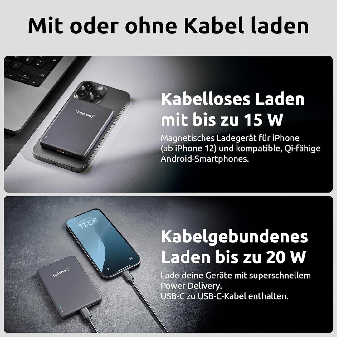 Intenso MW5000 Magnetische Powerbank 5000 mAh – MagSafe kompatibel, Wireless Charging 15W, USB-C PD