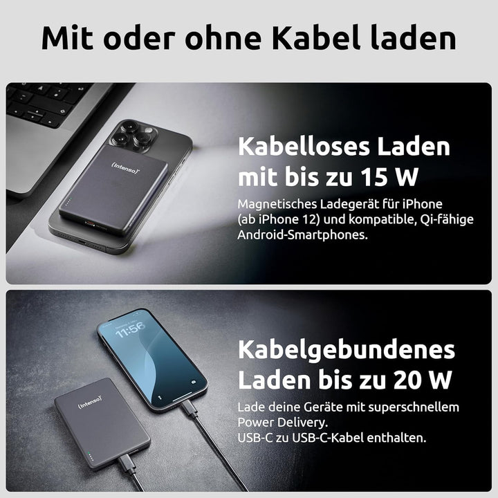 Intenso MW5000 Magnetische Powerbank 5000 mAh – MagSafe kompatibel, Wireless Charging 15W, USB-C PD