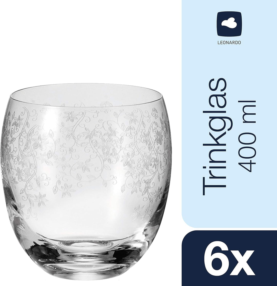 Leonardo Chateau Trink-Glas, Glas-Becher mit floralem Muster, spülmaschinenfeste Wasser-Gläser, 6er