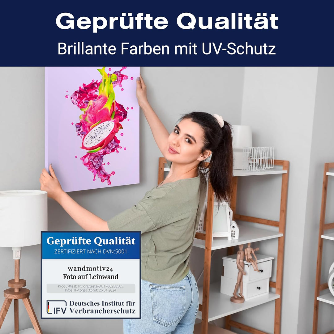 wandmotiv24 Obst & Gemüse als Leinwandbild, 40x30cm, Hochformat, Drachenfrucht & Saft, Küche, Lebens