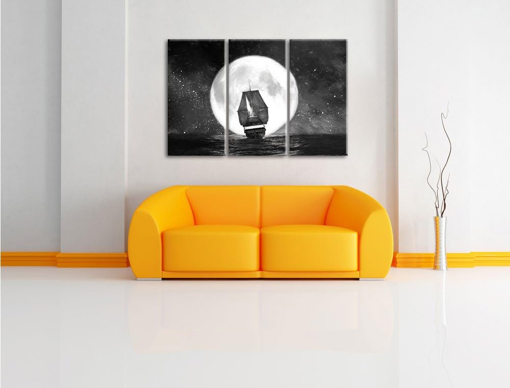 Pixxprint Segelschiff bei Vollmond Kunst / 3-Teilig/Gesamtmass 120cm Leinwandbild bespannt auf Holzr