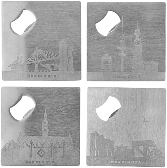 Hamburger SV HSV Untersetzer 4er-Set ** Skyline **, Metall & Kork, je 9,5 x 9,5 cm, Flaschenöffner