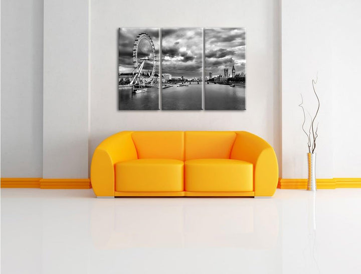 Pixxprint Monocrome, Riesenrad, London Eye 3-Teiler Leinwandbild 120x80 Bild auf Leinwand