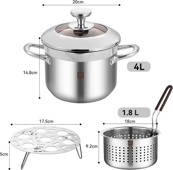 Edelstahl Frittiertopf 4L, Fritteuse mit Sieb und Deckel,Fritteusentopf Dampfgarer Mehrzweck-Kochtop
