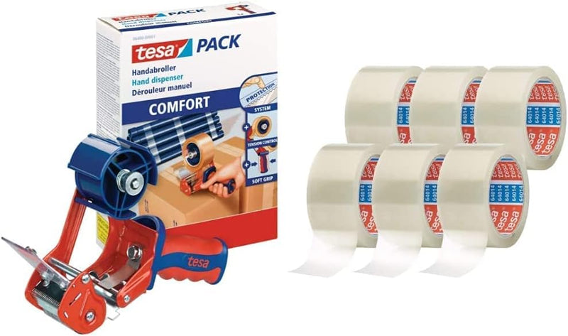 tesa Packband Handabroller, Modell "Comfort" für Rollen bis 66m x 50mm (Maxi ‎Bundle mit 12 Rollen P