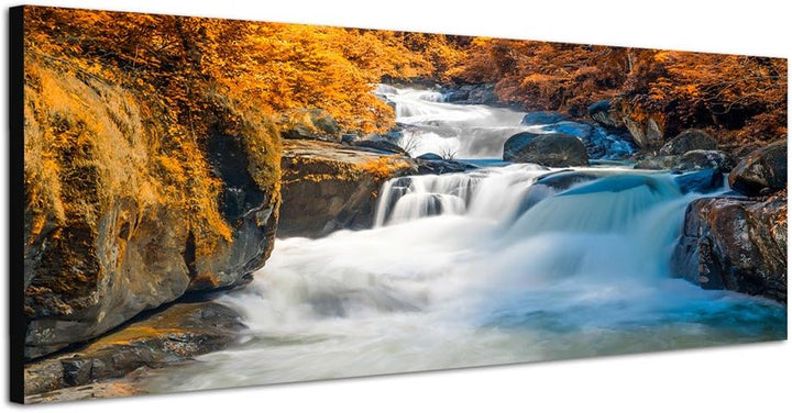 Paul Sinus Art Panoramabild auf Leinwand und Keilrahmen 150x50cm Wald Fluss Wasserfall Herbst