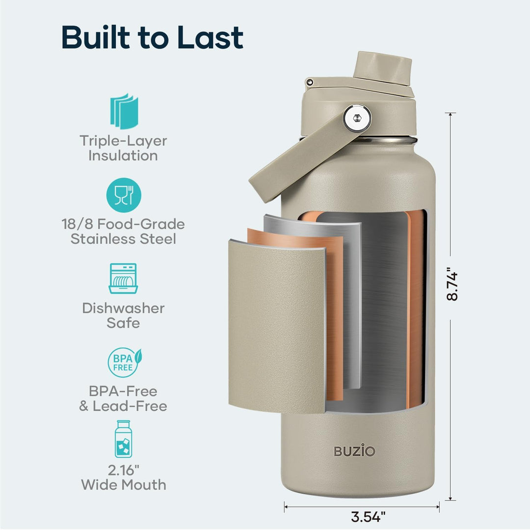 BUZIO 1L Edelstahl Trinkflasche isoliert mit Strohhalm &amp; Ausgussdeckel | Metall-Wasserflasche hält 4